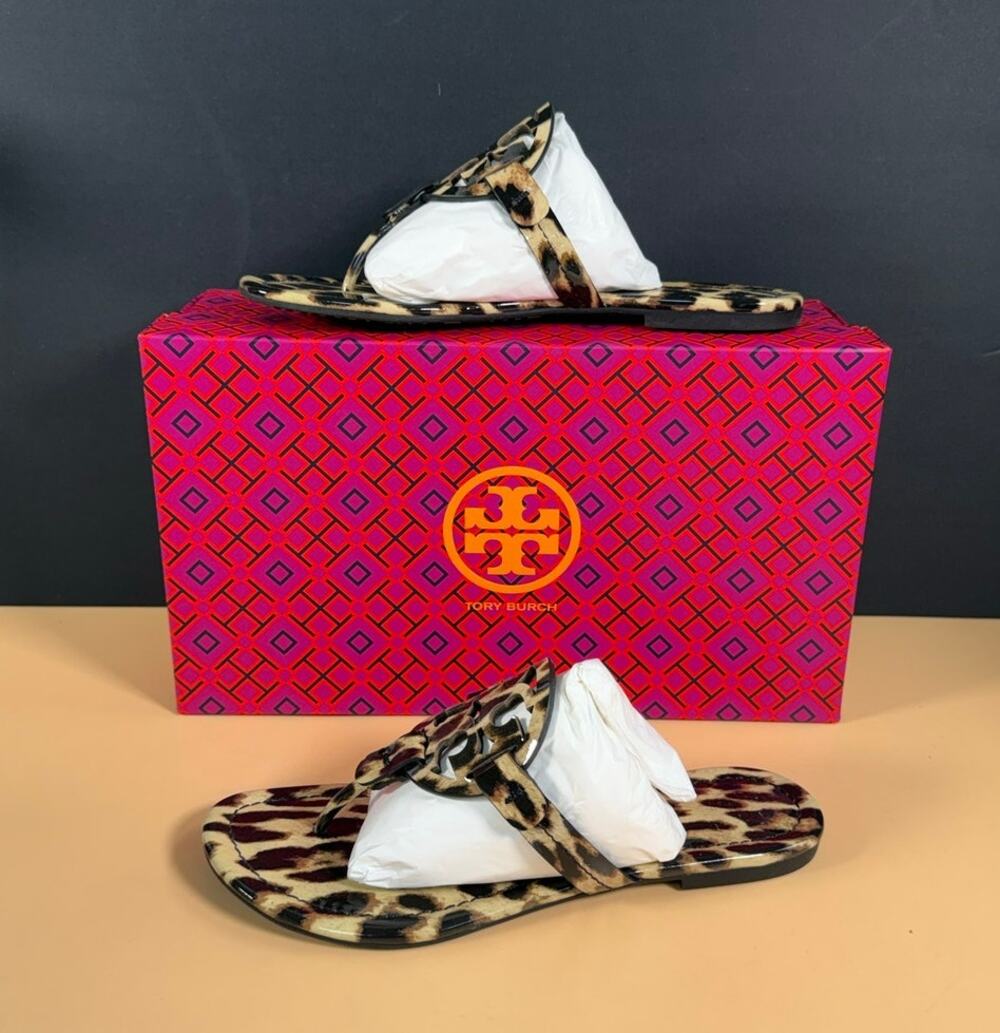 Tory Burch Miller Thong Sandal Natural Leopard Print Patent Leather W6.5 NIB
